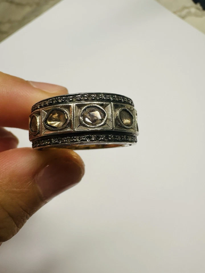 Anillo de oro de ley, plata de ley, corte rosa natural Polki y pavé de diamantes Foto 3 de 4