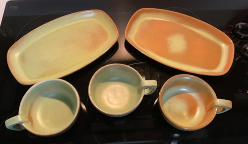 Frankoma Pottery 2 Soup & Sandwich Sets & 1 Extra Soup Mug Prairie Green & Brown