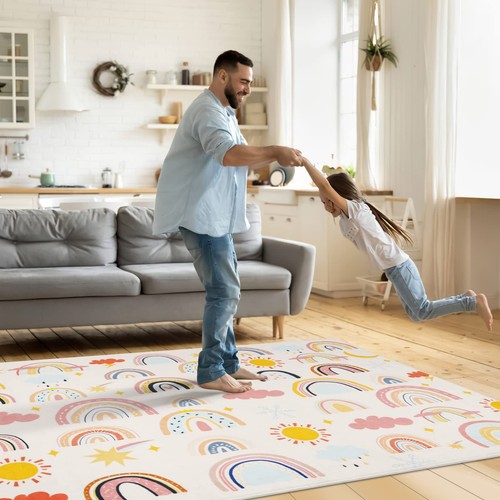 Soft Kids Area Rug, Large Washable Space Mat, Non-Slip Cute Rainbow Weather B... - Picture 6 of 7