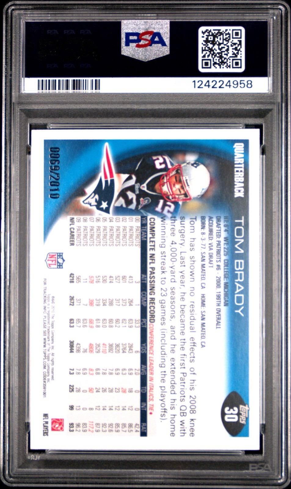 Tom Brady 2010 Topps Gold 0069/2010 SP #30 PSA 8 NM-MT New England Patriots view 2