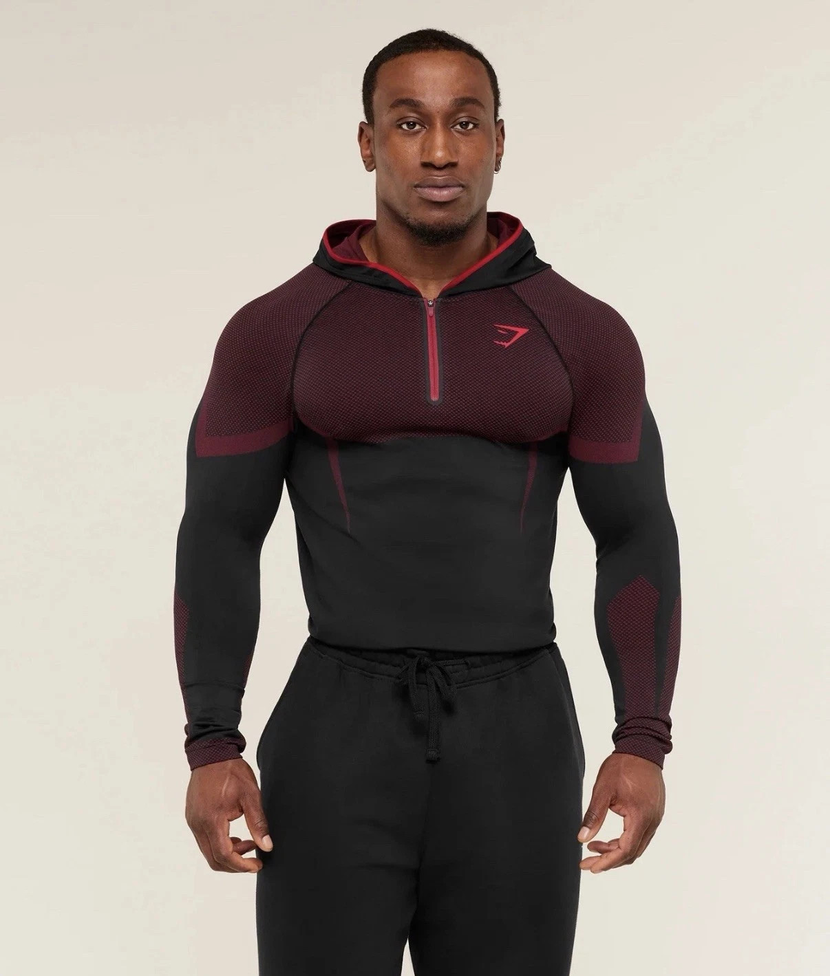 Gymshark Onyx 5.0 Seamless Hoodie- Black/Carmine Red - Small