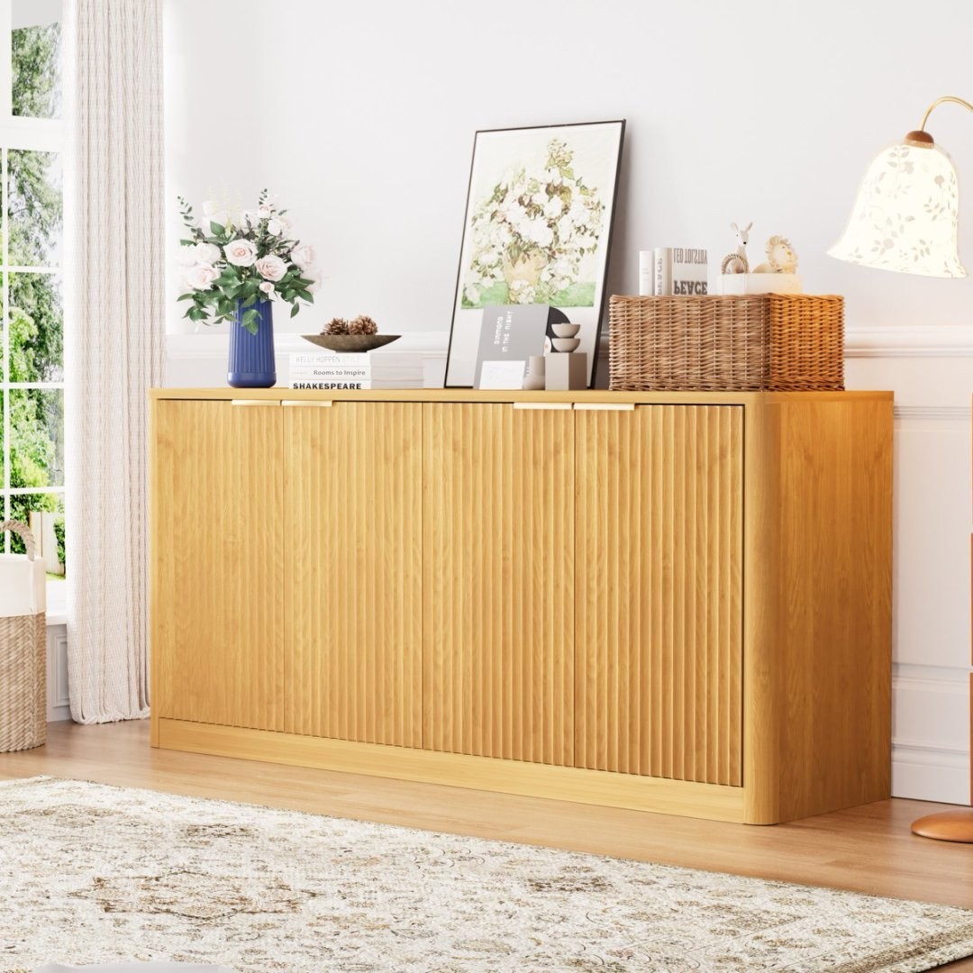 59" Fluted Sideboard Cabinet with 4 Doors Wood Buffet Storag