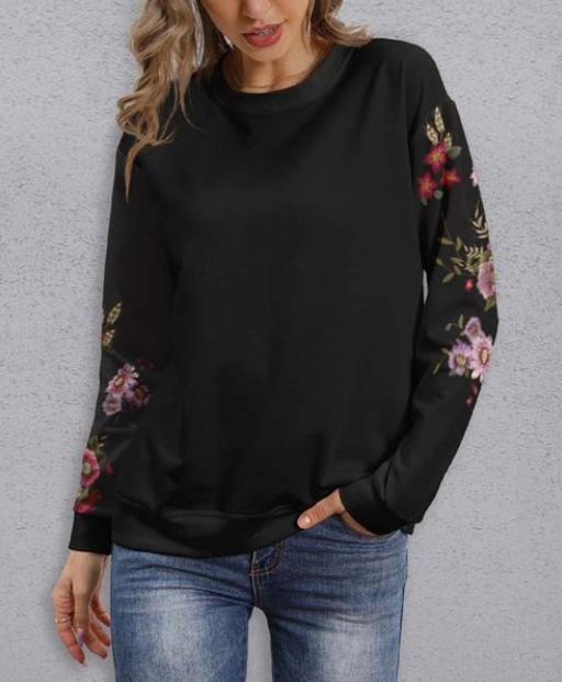 Black Floral-Sleeve Lightweight Crewneck Sweatshirt by PixieLady | Size XL