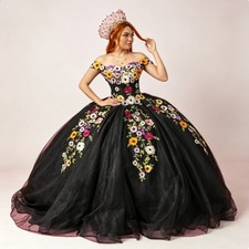 Colorful Floral Off Shoulder Black Tulle Quinceanera Dresses Sweet 15 Prom Gowns