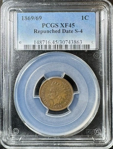 1869/69 Indian Head Cent 1c, Repunched Date S-4, PCGS XF 45 #743863