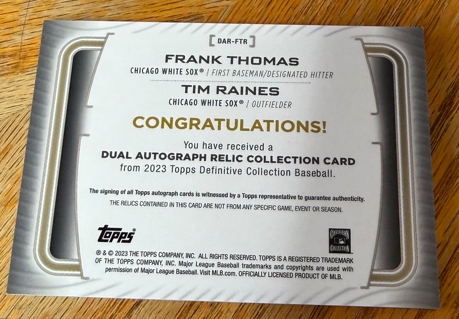 2023 Topps Definitive Frank Thomas Tim Raines dual auto game used jersey bat /10 view 2