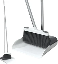 Long Handle Broom and Dustpan Set with Comb Teeth, Upright Standing Dustpan