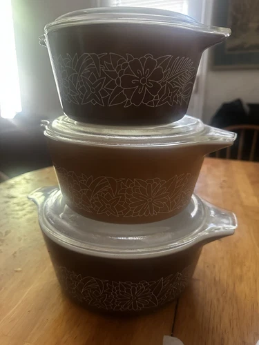 Vintage Pyrex Woodland~ Spring Blossom~Casserole Dishes Set Of 3 with 3 Lids