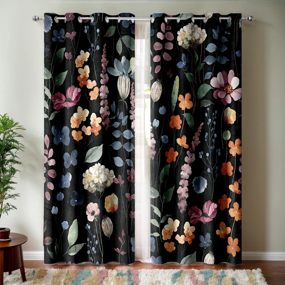 Cortinas blackout florais pretas, cortinas botânicas escuras botânicas vintage flores... - Imagem 2 de 4