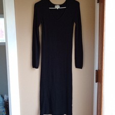 Freshman 1996 Black Long Midi Ribbed Sweater Dress V neck knit Size S