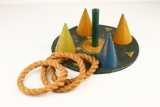 Vintage 1929 Tudor Toys Ringthrola Lithographed Tin Ring Toss Game Rope Rings