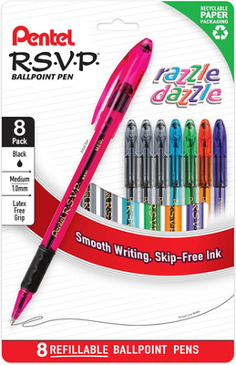 RSVP Razzle Dazzle Ballpoint Pen (1.0Mm) Assorted Barrel Colors, Black Ink, 8 Pa