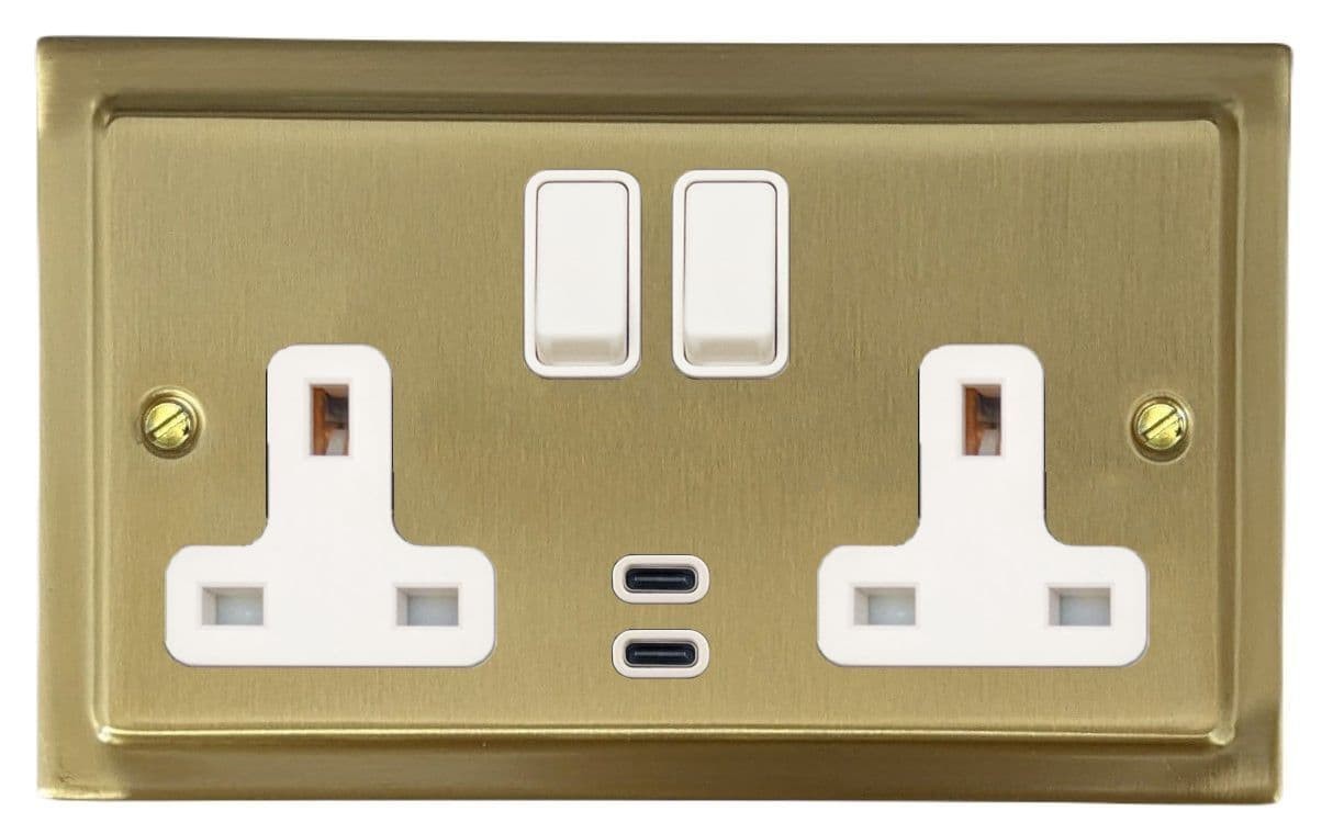 G&H TSB913W Trimline Satin Brushed Brass Double 13A Plug Socket Dual 4.2A USB C