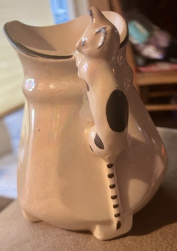 Crema con mango de gato checo vintage iridiscente negro ribete cerámica - Imagen 2 de 7