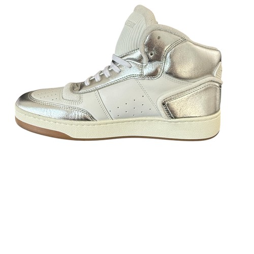 YSL Saint Laurent 711250 White & Metallic Silver Men's High Top Sneakers Shoes - Picture 9 of 28