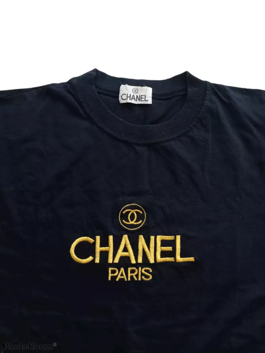 Vintage Chanel Paris Big Logo Gold Embroidery T Shirt Black 90s Luxury