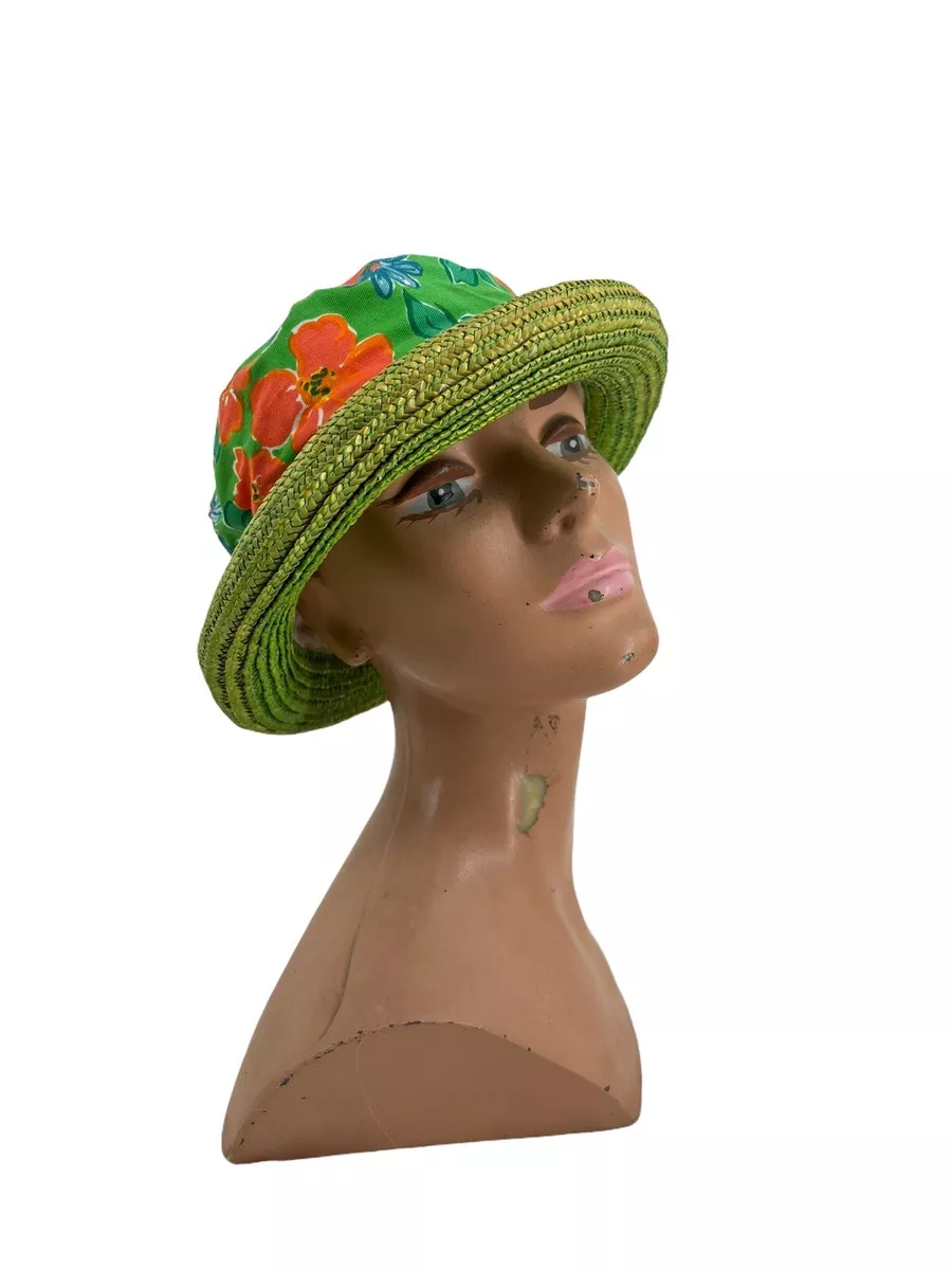 Vtg 90s Y2K Floral Cotton Green Straw Bucket Hat Blossom Style