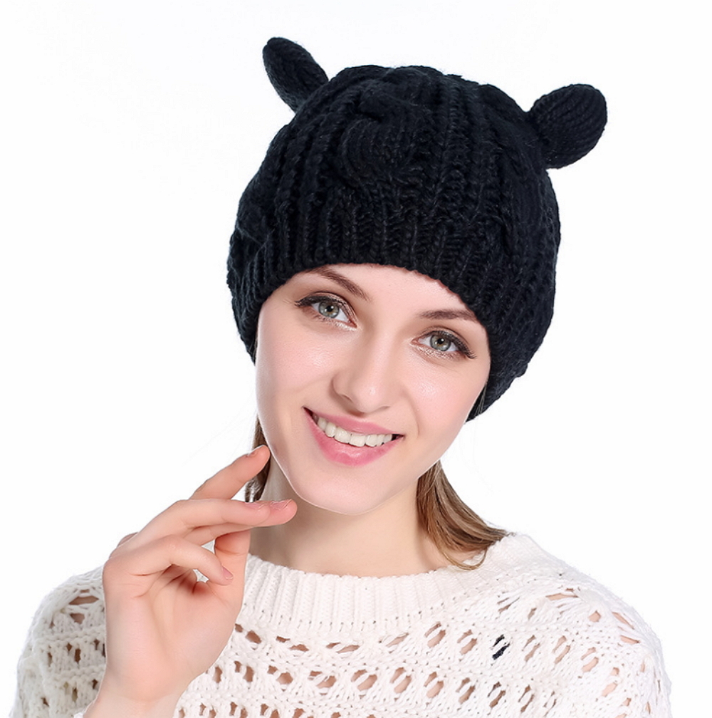 Women Winter Beanie Devil Horns Cat Ear Crochet Braided Knit Ski