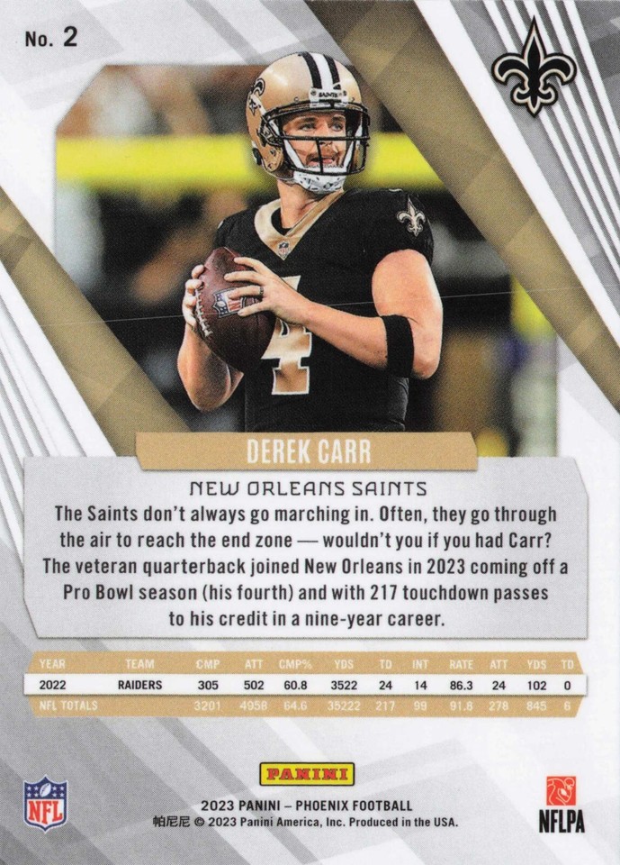 2023 Panini Phoenix Football New Orleans Saints QB Derek Carr 2 Card