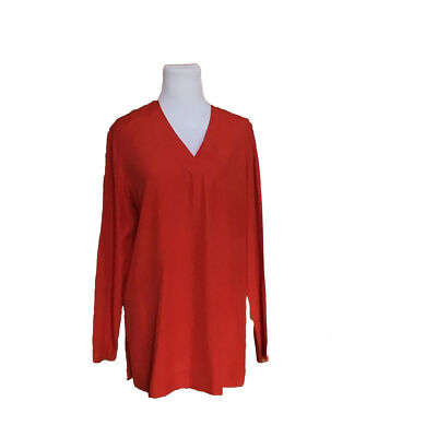 Liz Claiborne Women Silk Long-sleeve Blouse Top Tunic Size 12 Red Slits V-neck