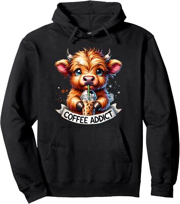 Women's Highland Cow Shirt Coffee Addict Cute Gifts Pullover Hoodie