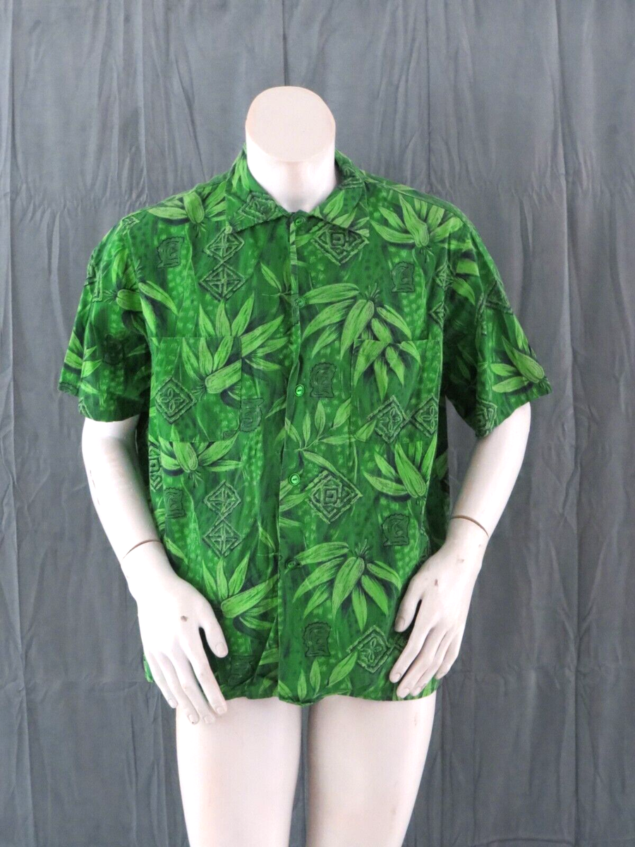 Vintage Hawaiian Shirt - Green leaf Tribal Pattern Maker Unknown 