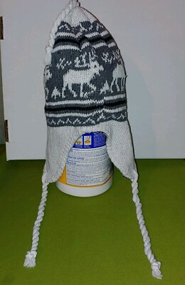 LKNW WINTER FLEECE LINED HAT WITH  TWIST TAILS ONE SIZE BLACK WHITE