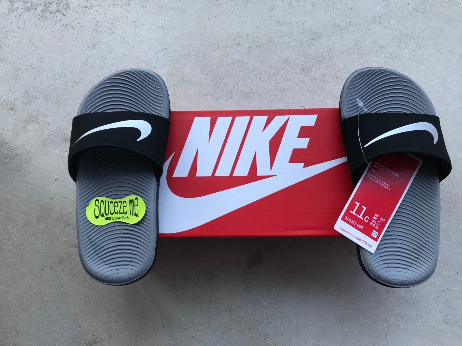 Nike Kawa Black/Silver Slide Sandals (GS/PS) Size 11C (NIB)
