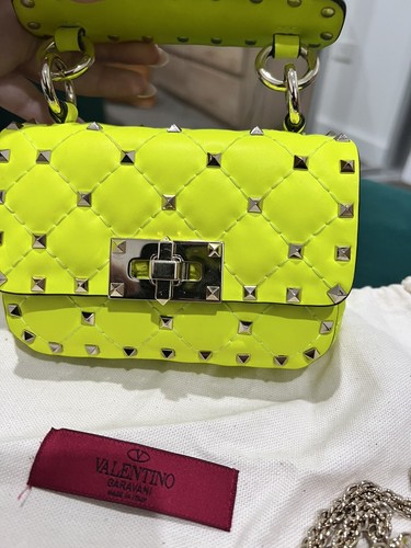 Valentino Flu Yellow Quilted Patent Leather Rockstud Spike Chain Shoulder Bag - Picture 2 of 6