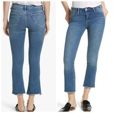  278 FREE PEOPLE DENIM WOMENS BLUE CROPPED FRAYED-HEM STRAIGHT-LEG JEANS SIZE 26