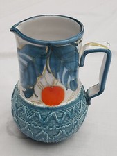 1970s Italian Fratelli Fanciullacci Jug Orange Leaf Blue Textured 9625