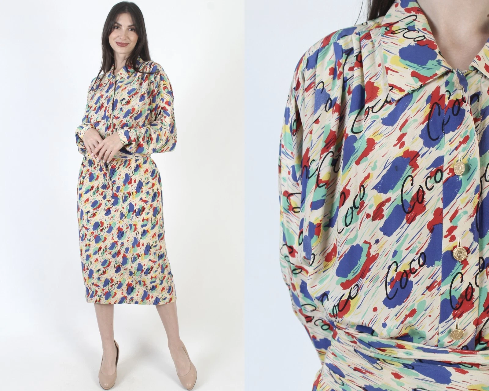 Abito Vintage Chanel Cintura Seta Anni 80 Coco Designer Stampa Segretaria Midi Tg 42