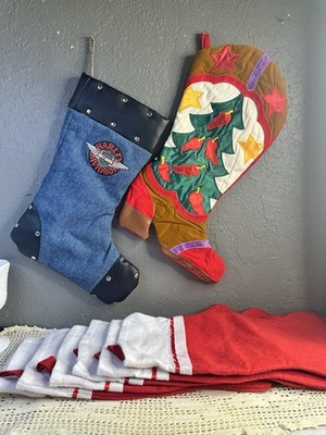 Harley Davidson And Cowboy Boot And 6 Red And White Stockings 