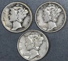 1937-PDS 10C MERCURY SILVER DIME 3 Coins KM# 140 Grade:  VG+ A6644