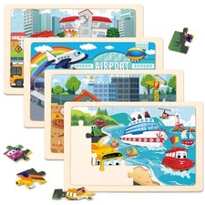 Wooden Puzzles for Kids Ages 3-5, 4 24 pieces, Vibrant, Vehicle-themed Colors