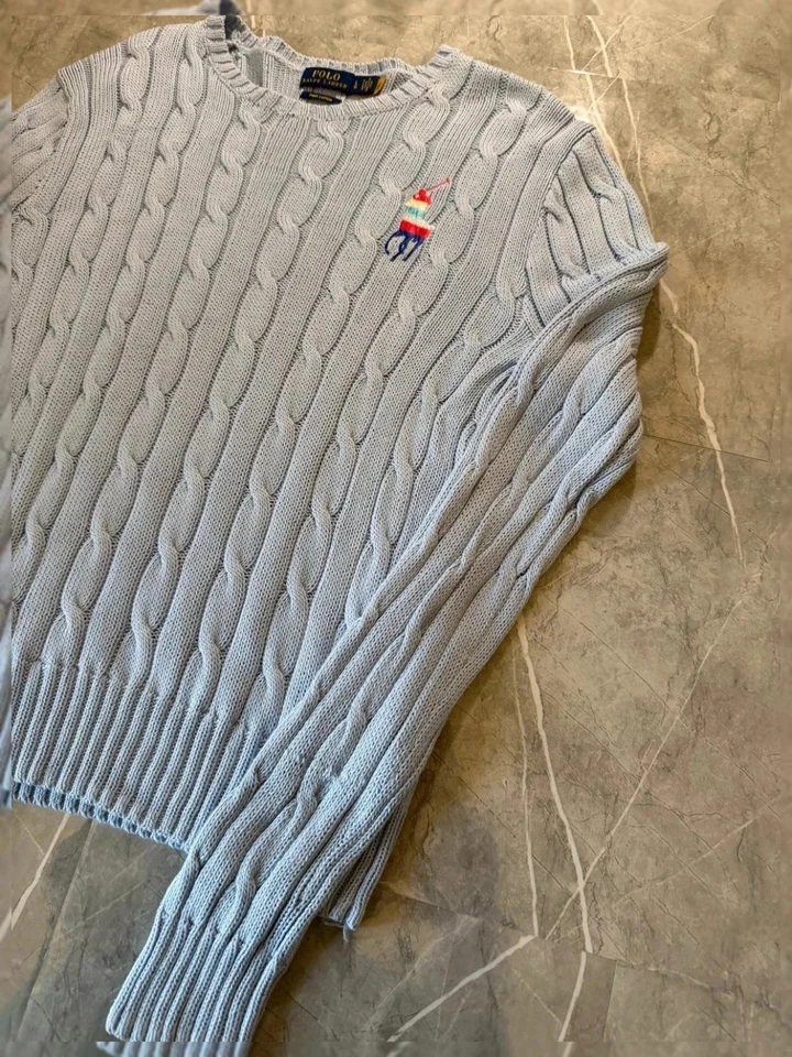 Pull Maille Torsadée Ralph Lauren Col Rond, Pima Coton, Bleu, Brodé Big #TRL2 - Photo 4/4