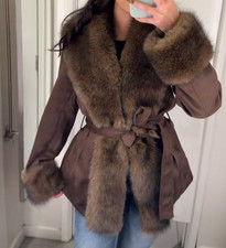 NWT H&M Tie-belt Coat w/ Faux Fur Brown 13045...