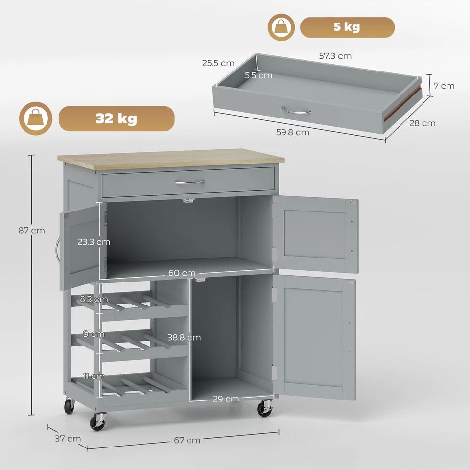 HOMCOM Rolling Kitchen Island Trolley Storage Cart w/ Rubberwood Top, Grey - Image 3 of 4