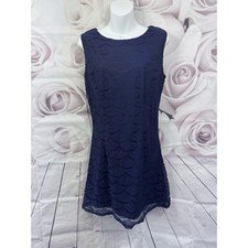 Pinky Lace A-Line Dress Navy Blue Size M 12 Stretchy Layered Party Side Zip