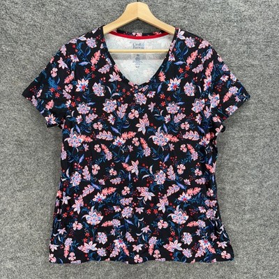 Croft & Barrow T-Shirt Women 2XL Black Floral V-Neck Short Sleeve The ClassicTee