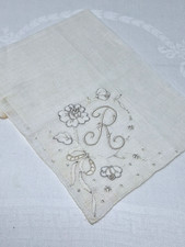 Monogram White on White Corner Madeira Letter R Hand Rolled Linen Hankie FREE