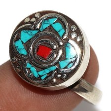 10gms Tibetan Turquoise Red Coral Nepali Tribal Gemstone Ring US FreeSize MJ