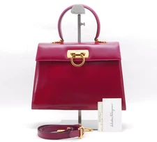 Rare* Salvatore Ferragamo Gancini Hand Bag Leather 2way Bordeaux Red Auth #1059