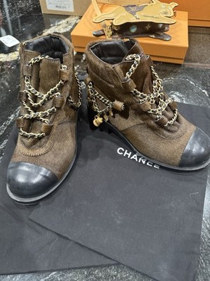 Authentic CHANEL Ponyhair CHARMS CHAIN BLACK CAP TOE PONY HAIR ANKLE BOOTS 37