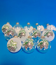 GLASS CHRISTMAS ORNAMENS ROUND STENCIL PINE TREES PINECONES LOT OF 12 NICE