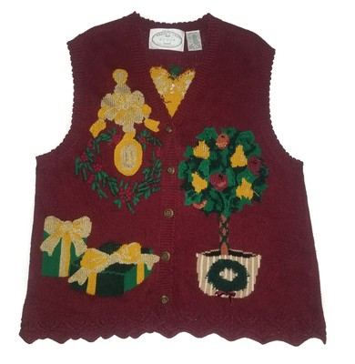EAGLES EYE 90s Christmas Cardigan Sweater Vest Vintage 1996 Presents Tree NEW Lg