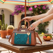 Turquoise Blue Brown FLORAL Tasseled Embossed Tooled Artisan LEATHER Purse Bag