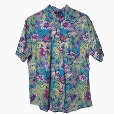 Crown & Ivy Classic Fit Tropical Floral Hawaiian Button Camp SS Shirt Men's M