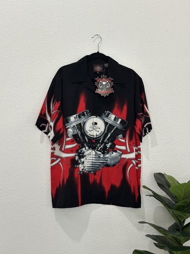 Vintage Dragonfly Tribal Hot Rod Flame Engine Button Up Shirt Deadstock w/ Tags