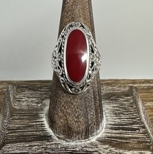 Vintage Sterling Silver Red Onyx Ornate Scroll Band Ring Sz 7.75
